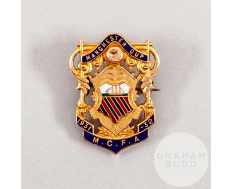 John. F. Payne 9ct gold and enamel Manchester Cup winners medal, 1931-32, the obverse inscribed MANCHESTER CUP, 1931-32, M.C.