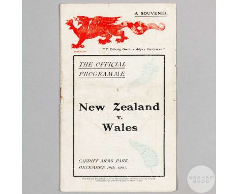 A rare Wales v. New Zealand Rugby International match programme, 16th December 1905 at Cardiff Arms Park, rusty staple, cover