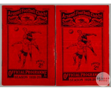 Two Arsenal home match programmes, 1928-29, Brentford London Combination, 25th August 1928 and Southend United&nbsp;London Co