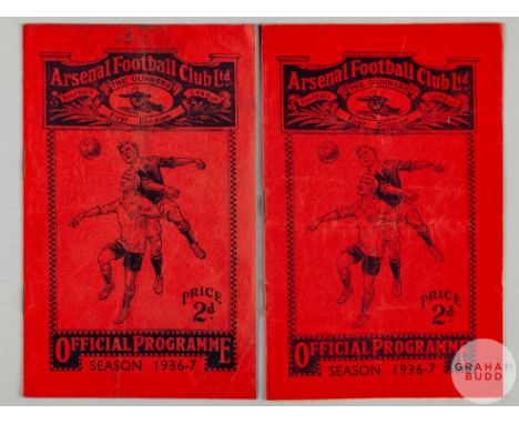 Two Arsenal v. Manchester United home match programmes, 1936-37, F.A.Cup, 4th round, 30th January 1937, rusty staples and sta