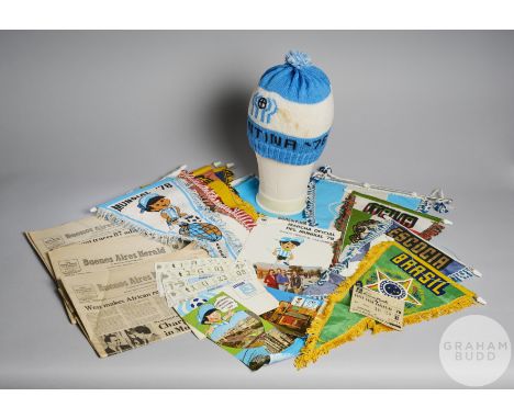 Argentina original collection from World Cup 1978, comprising set of 17 team pennants from 16 participating teams; large silk