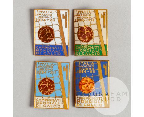 A group of four official 1934 World Cup badges from the Ottorino Barassi Collection, all in gilt-metal & enamel with brooch f