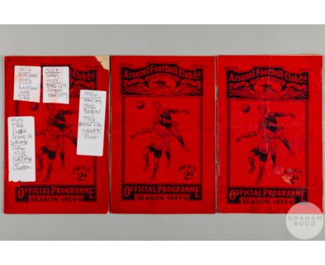 Three Arsenal home match programmes, 1925-26, Birmingham, 1st May 1926,&nbsp;Leeds United, 26th September 1925 and Bolton Wan