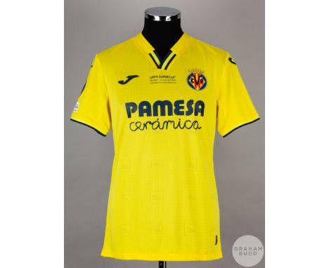 Alberto Moreno yellow and blue No.18 Villareal v. Chelsea UEFA Super Cup match issued short-sleeved shirt, 2021, Joma, M, wit