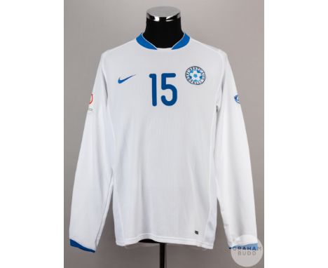Tarmo Kink white and blue Estonia No.15 away shirt v Andorra, 2002 Euro Qualifier, 17th November 2007, Nike, size M, long-sle