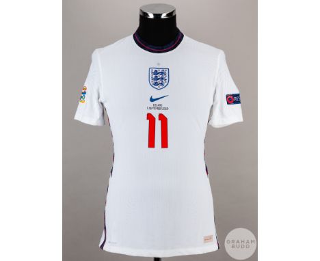 Phil Foden white No.11 England short-sleeved shirt, 2020, Nike, size M, crew neck collar, embroidered badge with Iceland 5 Se