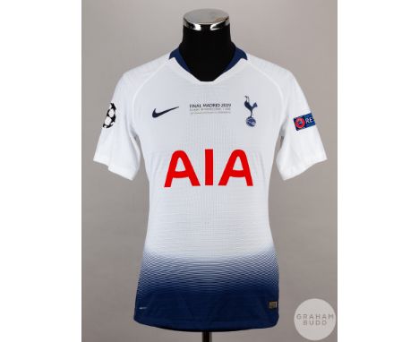 Juan Foyth white No.21 Tottenham Hotspur short-sleeved shirt, 2019, Nike, size M, crew neck collar, cloth badge and Final Mad