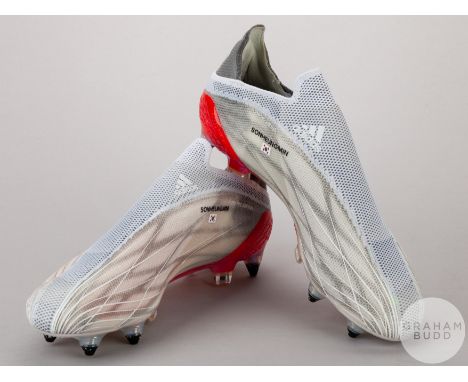 Son Heung Min pair of Adidas grey, white and pink football boots, size 7.25 each boot with SONHEUNGMIN and South Korea flag d