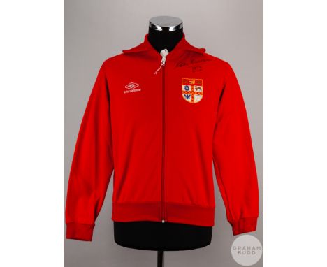 George Eastham red Stoke City 1972 League Cup Final track suit top, Umbro, M, with zip-up front and embroidered badge, the fr
