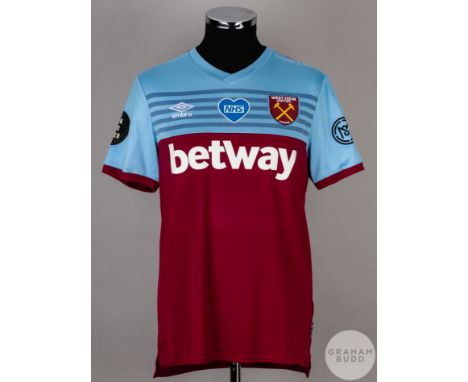 Pablo Fornals claret and blue No.18 West Ham United v. Tottenham Hotspur short-sleeved shirt, 2020, Umbro, M, with v-neck col
