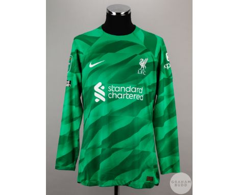 Alisson Becker green and white No.1 Liverpool long-sleeved goalkeeper shirt, 2023-24, Nike, size XL, crew neck collar, printe