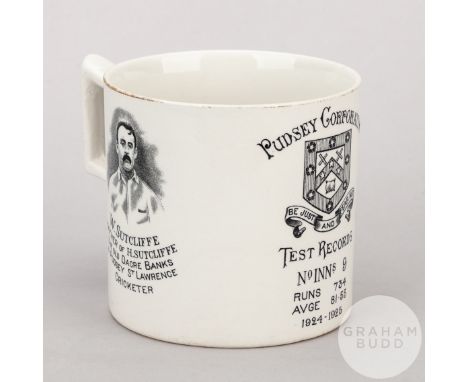 A ceramic mug celebrating Herbert Sutcliffe's World Record of four centuries in five Test Matches, manufactured by W Ellis of