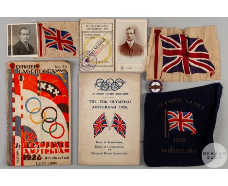 Herbert Sansum 1928 Olympic participant pass and 1928 Olympic embroidered blazer badge, two embroidered union flag patches an
