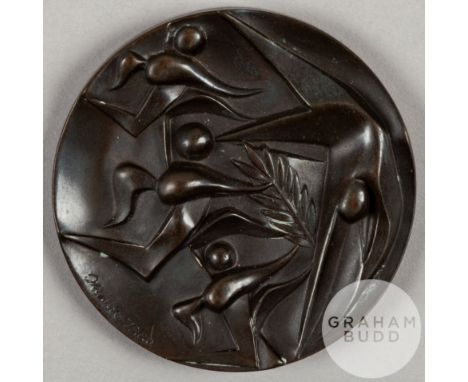Tokyo 1964 Olympic Games participant's medal, designed by T. Okamoto and K. Tanaka, copper, the obverse with stylised figures