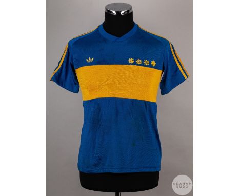 Maradona blue and yellow Boca Juniors match worn short-sleeved shirt, 1981, Adidas, 44, with v-neck collar and felt badge CAB