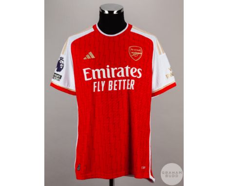 William Saliba red and white No.22 Arsenal short-sleeved shirt, 2022-23, Adidas, size L, crew neck collar, printed badge, rev
