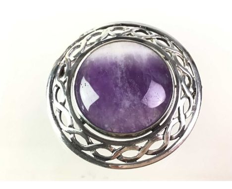 SCOTTISH BLUE JOHN BROOCH, IN SILVER  the circular stone within a pierced Celtic border