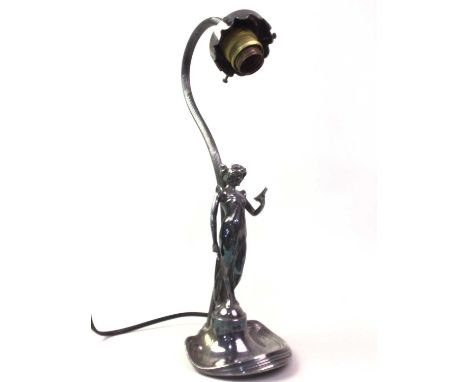 ART NOUVEAU PLATED METAL TABLE LAMP, IN THE STYLE OF WMF depicting a standing female35cm high