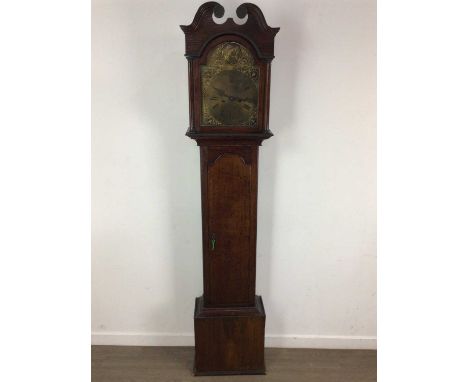 LONGCASE CLOCK, LATE 18TH CENTURY  with arched brass and silvered dial211cm high