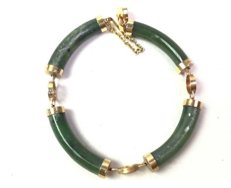 CHINESE JADE AND YELLOW METAL BRACELET, ALONG WITH A CHINESE PENDANT the pendant with Chinese characterthe pendant 5cm long