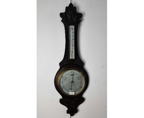 VICTORIAN CARVED OAK BAROMETER/THERMOMETER, AND A GINGERBREAD CLOCK the barometer inscribed McPherson Bros, Glasgowbarometer 