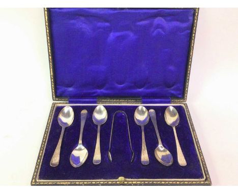 SET OF SIX SILVER COFFEE SPOONS, WILLIAM HUTTON, BIRMINGHAM MARKS with tongs, cased148g gross