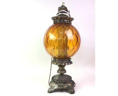 BRASS TABLE LAMP, MID 20TH CENTURY with orange glass shade59cm high