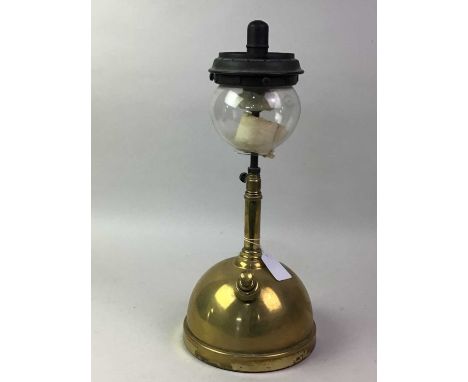 BRASS AND GLASS TILLEY LAMP, AND OTHER LAMPS the tilley lamp with onion shaped shade, the other lamps including some oil lamp