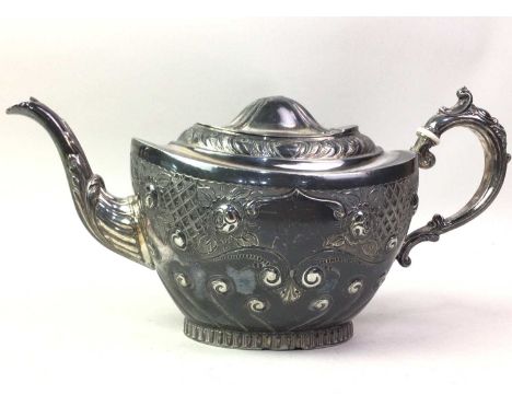 GROUP OF SILVER PLATE, including flatware, a salver with pie crust border, cigar box and teapot