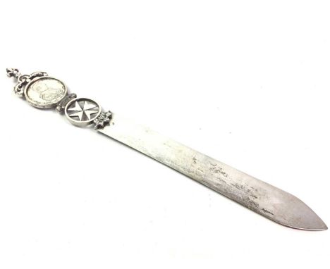 SILVER LETTER OPENER, along with a silver plated sifting ladleQty: 2