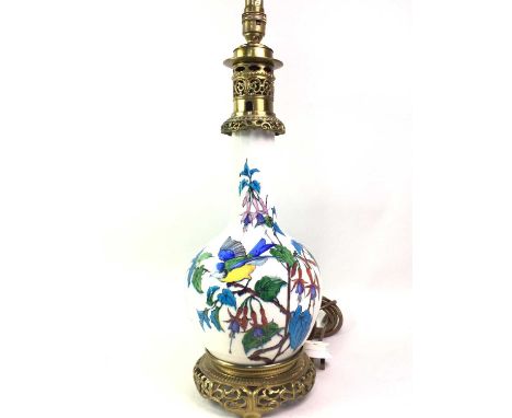 CERAMIC VASE TABLE LAMP, AND A CHINESE VASE  the table lamp decorated with a bird perched on a branch on a white ground lamp 