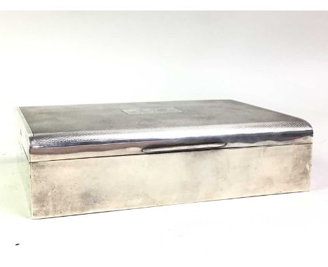 ELIZABETH II SILVER PRESENTATION CIGAR / CIGARETTE BOX, H. BROS, BIRMINGHAM 1970 with engine tooled decoration, wood lining a