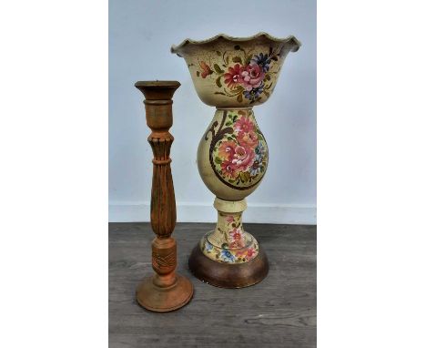 JARDINIÈRE AND STAND, AND A FLOOR STANDING CANDLESTICK  the jardinière with painted foliate designs on a yellow groundQty: 2