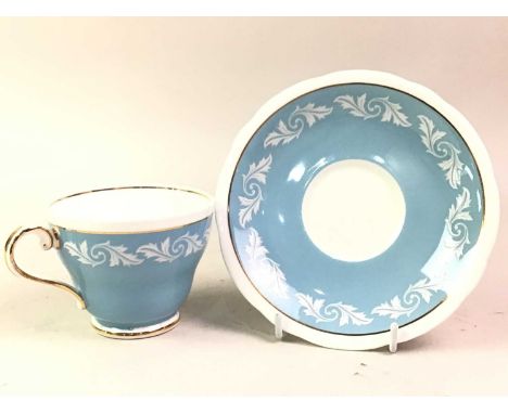 AYNSLEY PART TEA SERVICE, with scrolling foliage design and gilt highlights on a blue and white ground, comprising cups, sauc