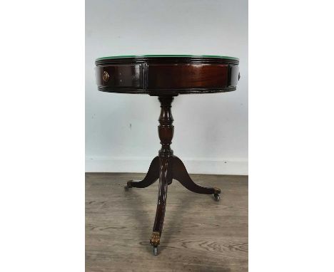 MAHOGANY DRUM TEA TABLE, on tripod supports60cm high