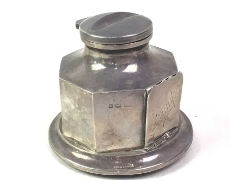 GEORGE V SILVER INKWELL, MAKER MARKS INDISTINCT, BIRMINGHAM 1912 of octagonal form, with hinged lid and glass liner, with a h