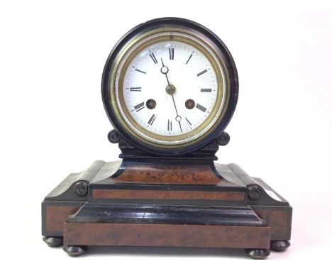 FRENCH WALNUT AND EBONISED MANTEL CLOCK, AND ANOTHER CLOCK  the French clock with Roman numerals, along with a converted art 