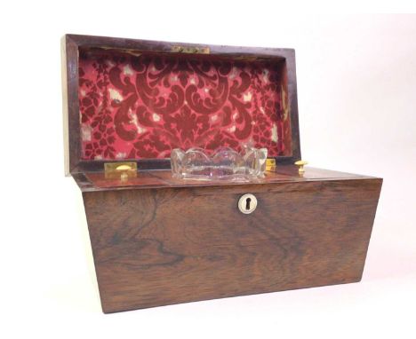 VICTORIAN ROSEWOOD SARCOPHAGUS SHAPED TEA CADDY, with mother of pearl escutcheon31cm wide