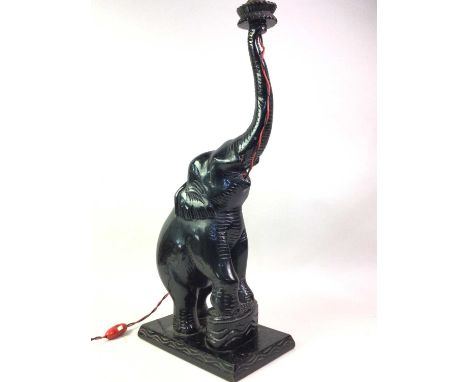 EBONISED ELEPHANT FORM TABLE LAMP, ALONG WITH A VASE AND PAIR OF BOOKENDS  the Chinese famille noire vase decorated with poly