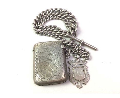 SILVER VESTA CASE, BIRMINGHAM 1916 with engraved scrolling foliate decoration, along with a silver Albert formed with a gradu