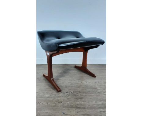 MID CENTURY TEAK STOOL, BY AUSTINSUITE with button back leatherette seat on twin supports58cm wide 