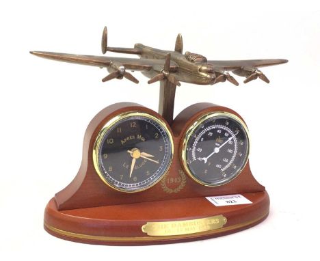 THE DAMBUSTERS COMMEMORATIVE DESK CLOCK / BAROMETER COMPENDIUM, modelled with bronzed plane