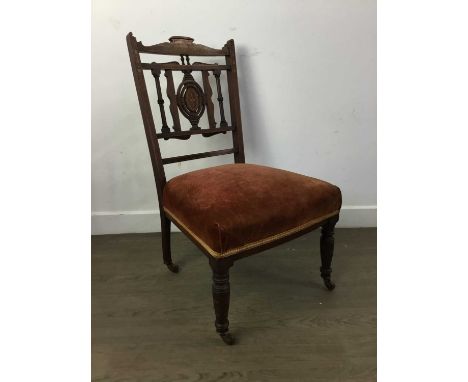 EDWARDIAN ROSEWOOD INLAID PARLOUR CHAIR, AND ANOTHER CHAIR  the parlour chair on turned legs, the reproduction mahogany spoon