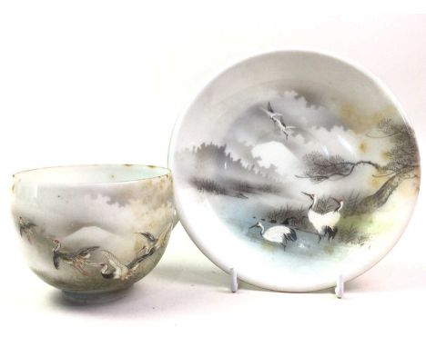 JAPANESE EGGSHELL PART TEA SERVICE, decorated with birds, comprising cups, saucers, side plates, tea and coffee pot