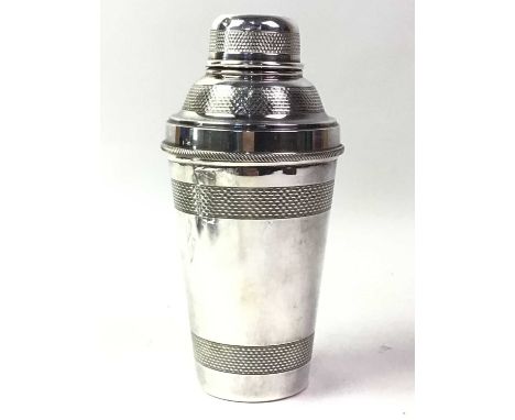 SILVER PLATED COCKTAIL SHAKER, ALONG WITH FURTHER SILVER PLATE comprising a hipflask, table lighter, compact, and bottle coas