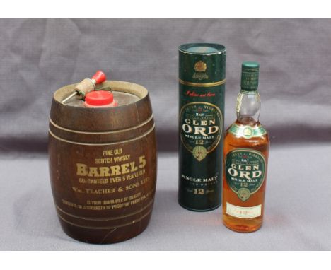 A Wm Teacher &amp; Sons Ltd Barrel 5 fine old Scotch Whisky, in an oak coppered barrel together with a 20cl Glen Ord 12 year 