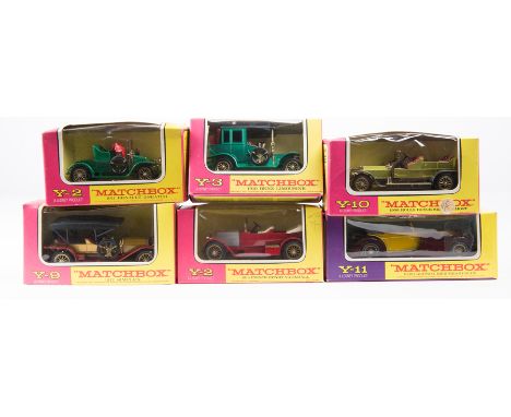 16 Matchbox Models of Yesteryear in pink and yellow/mauve and yellow boxes. A 1914 Prince Henry Vauxhall (Y-2), a 1911 Renaul