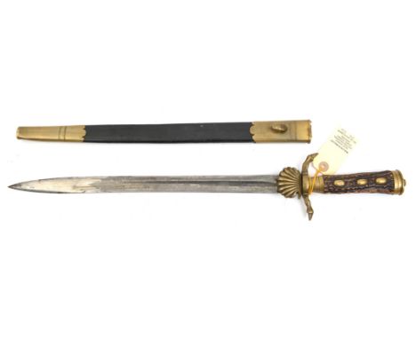 A German hunting hanger c 1900, SE fullered blade 16”, etched on both sides with stag, deer, wild boar etc, in foliate, scrol