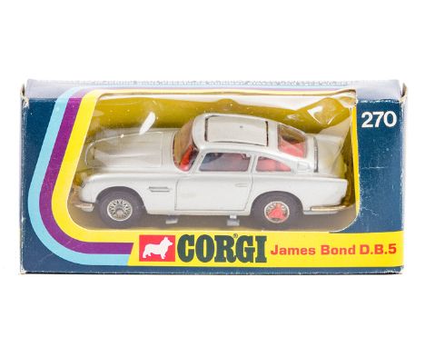 Corgi Toys James Bond Aston Martin DB5 (270). 2nd type in metallic silver with rear tyre spinners and revolving number plates