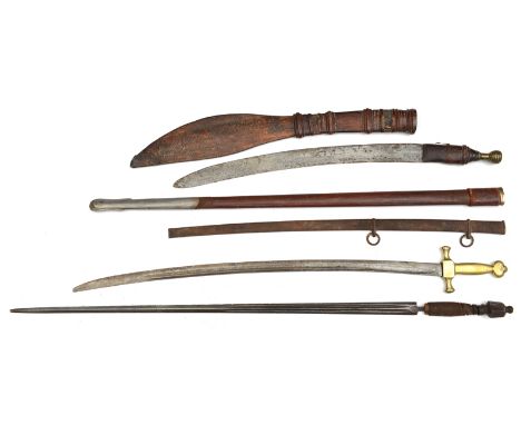 A N African sword,  in scabbard;  a composite band sword; another sword blade and 2 scabbards. QGC 